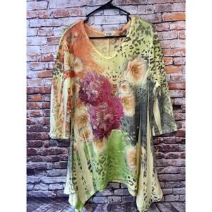 Cactus Handkerchief Hem Tunic Top blouse Embellished floral yellow Green large